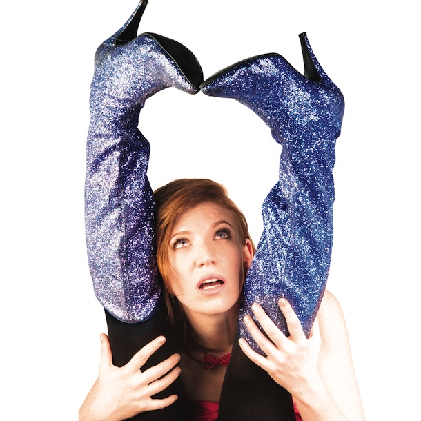 jade looking up a sparkly blue boots